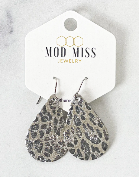 Leopard Silver Leather Teardrop Earrings - abcthreads