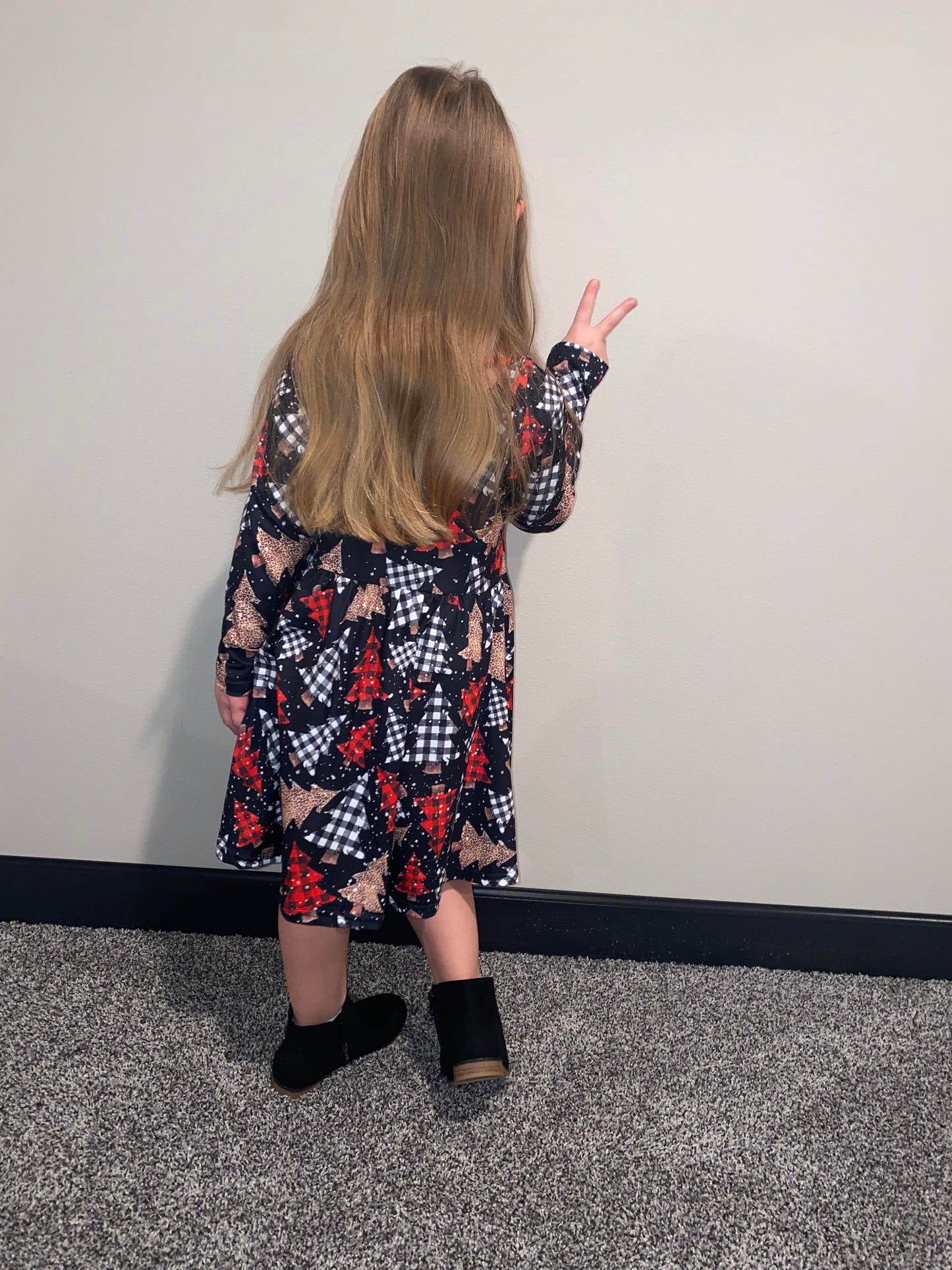 Girls Leopard Christmas Trees Twirl Dress Criss Cross Back - abcthreads