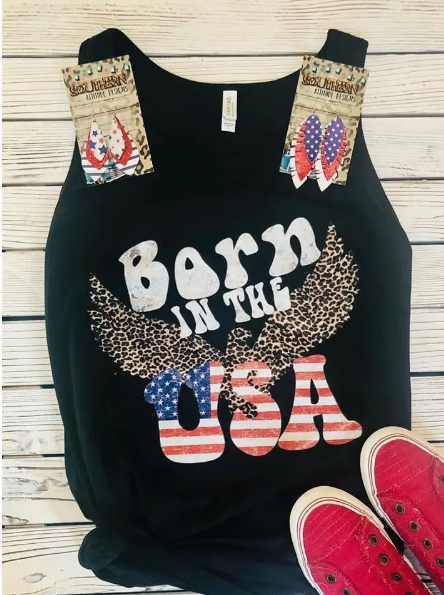 Women's Born In The USA Patriotic Leopard Tank Top - abcthreads