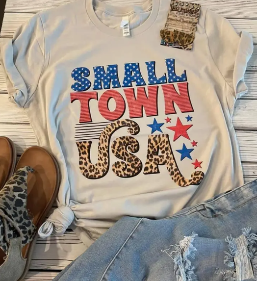 Women's Small Town USA Patriotic Leopard Tee - abcthreads