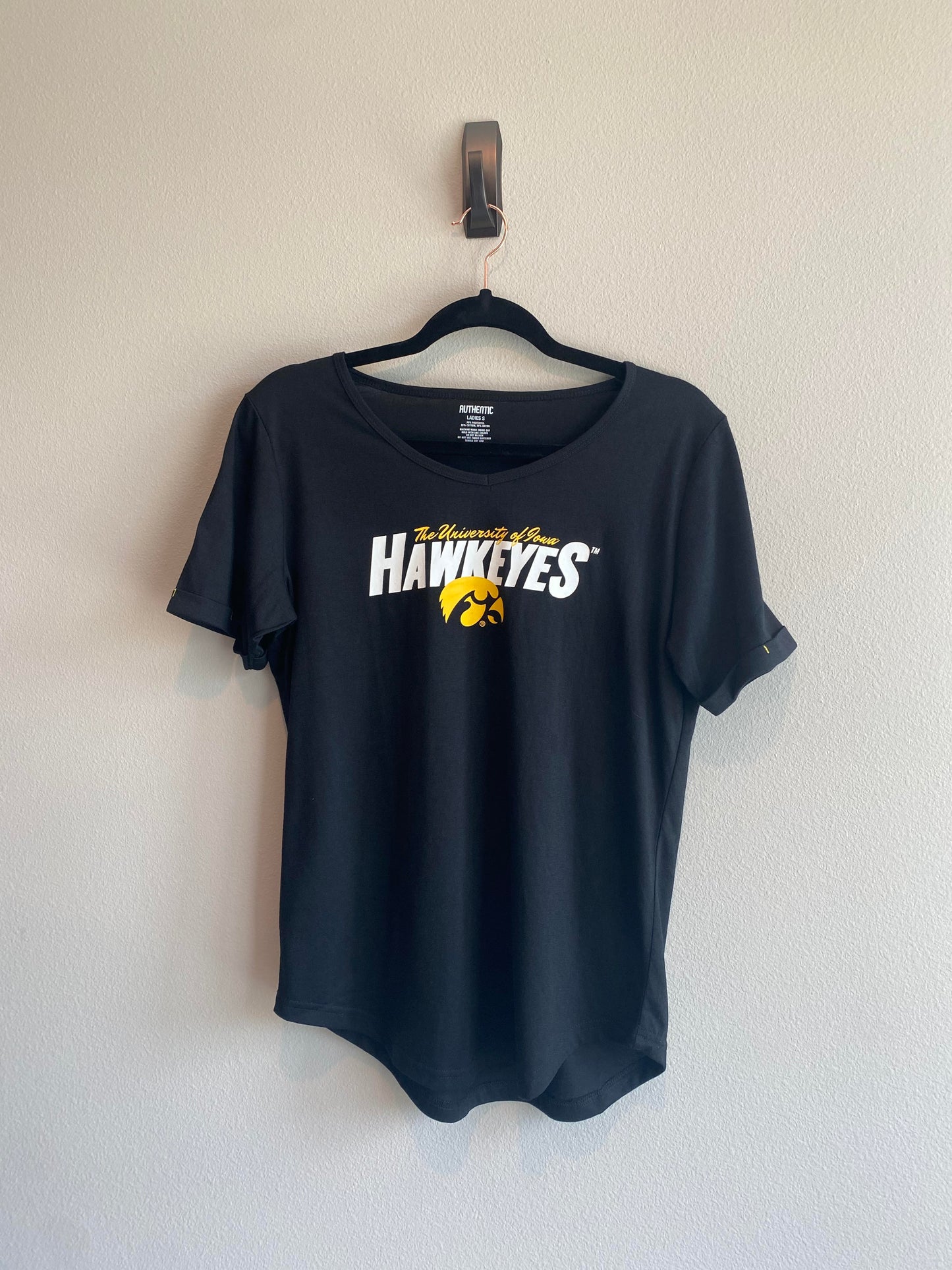 Women's Iowa Hawkeye Black & Gold V Neck Tee - abcthreads