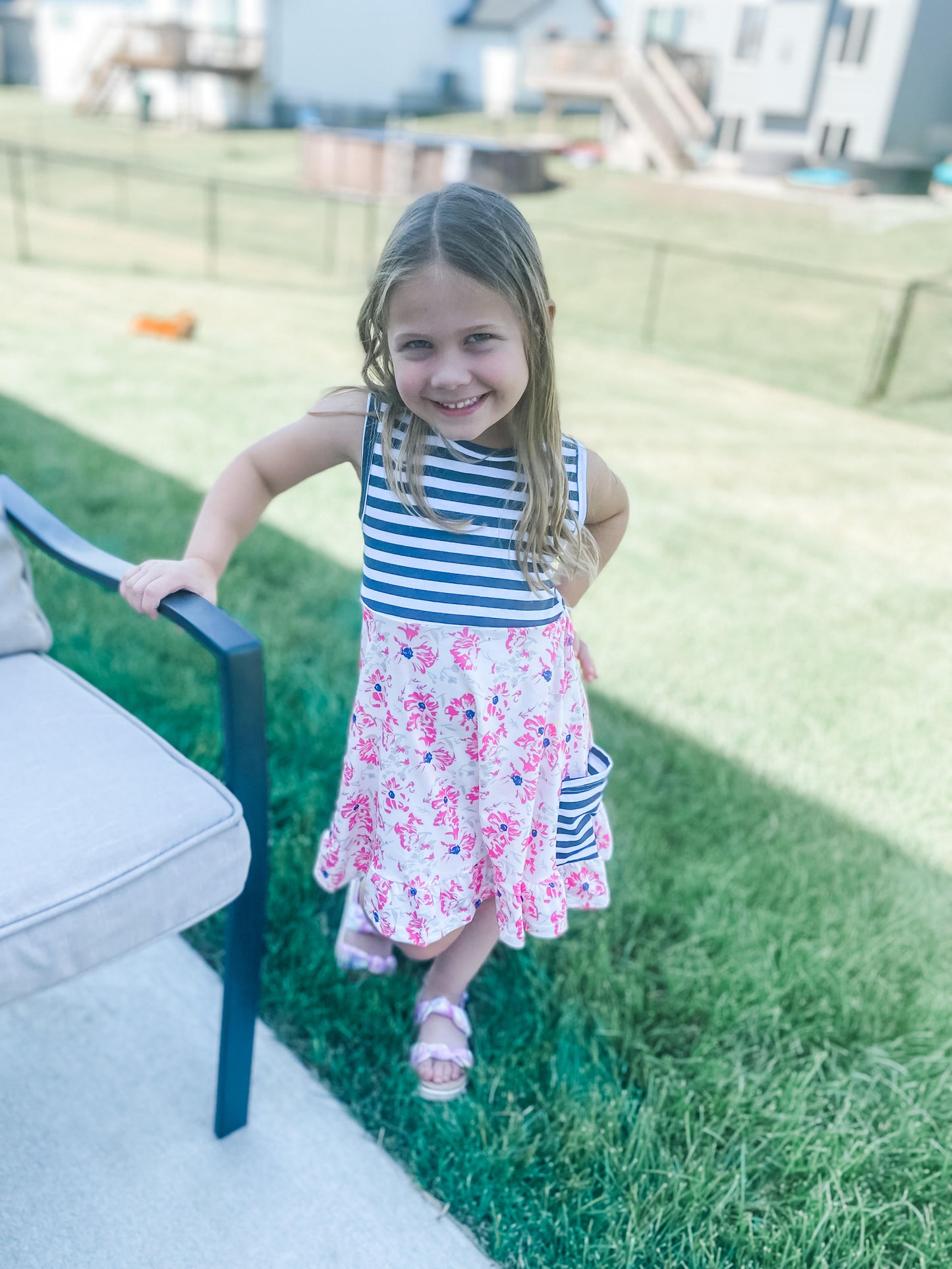 Hot Pink Floral & B/W Stripe Dress With Pockets - abcthreads