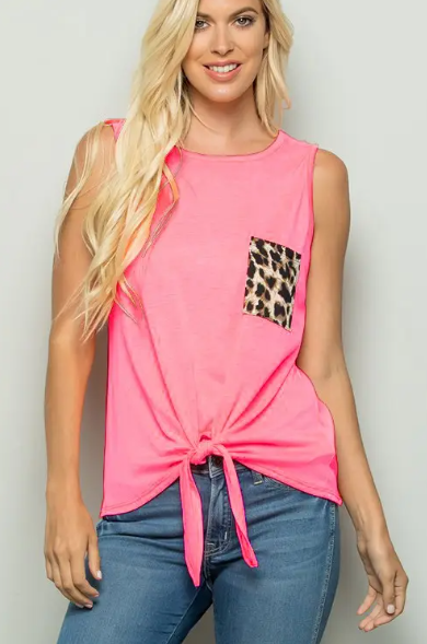 Hot Pink Tie Tank With Animal Print Pocket - abcthreads