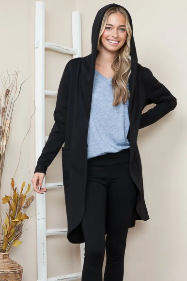 Brush Hooded Open Cardigan With Side Pockets in Black - abcthreads