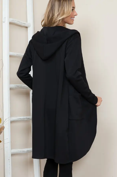 Brush Hooded Open Cardigan With Side Pockets in Black - abcthreads