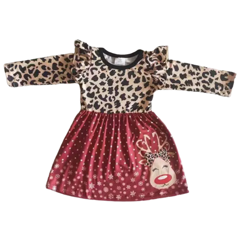 Leopard Reindeer Ruffle Sleeve Dress - abcthreads