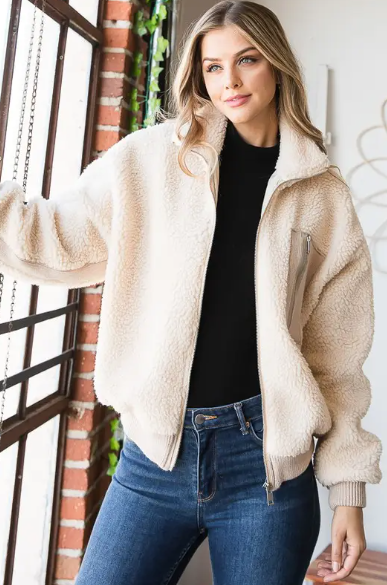 Women's Full Zip Sherpa Jacket in Cream - abcthreads